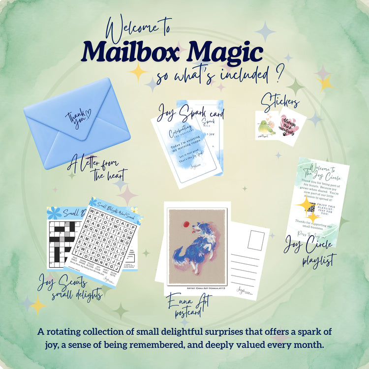 A Mailbox Magic promo image featuring a monthly envelope of surprises: stickers, a letter, puzzles, an art or photo print, a Joy Spark, and playlist cards, arranged on a gentle green background.