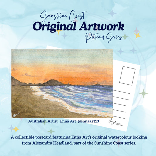 Postcard of orginal artwork from Enna Art. A watercolour looking from Alexandra Headland at the Sunshine Coast.